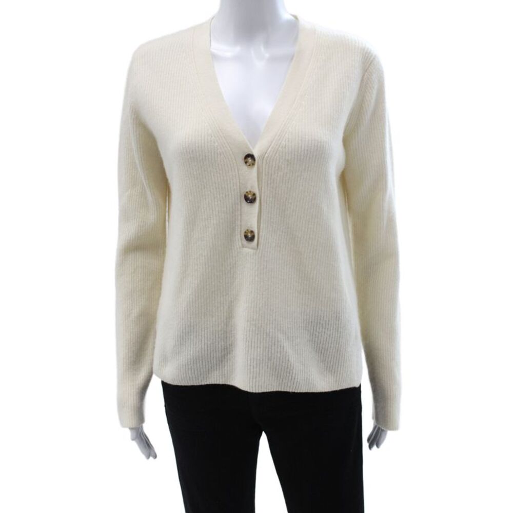 La Ligne Women Cardigan Ivory V-Neck 100% Cashmere Long Sleeve Size S
